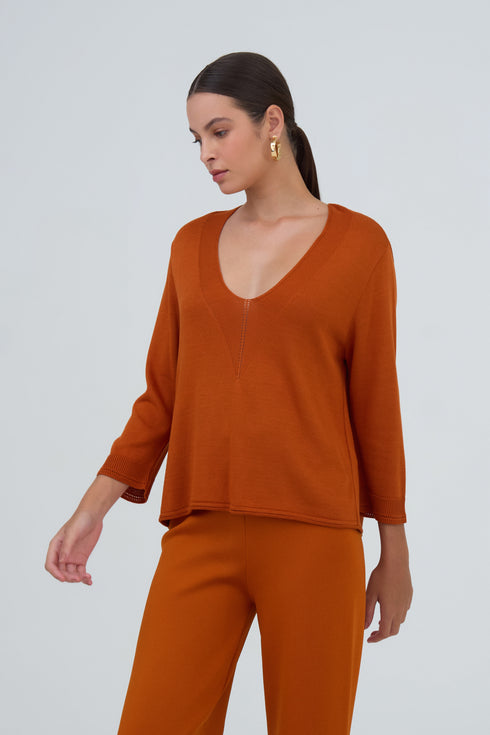 Blusa Manga Textura Com Acabamento Especial Em Tricot Abóbora